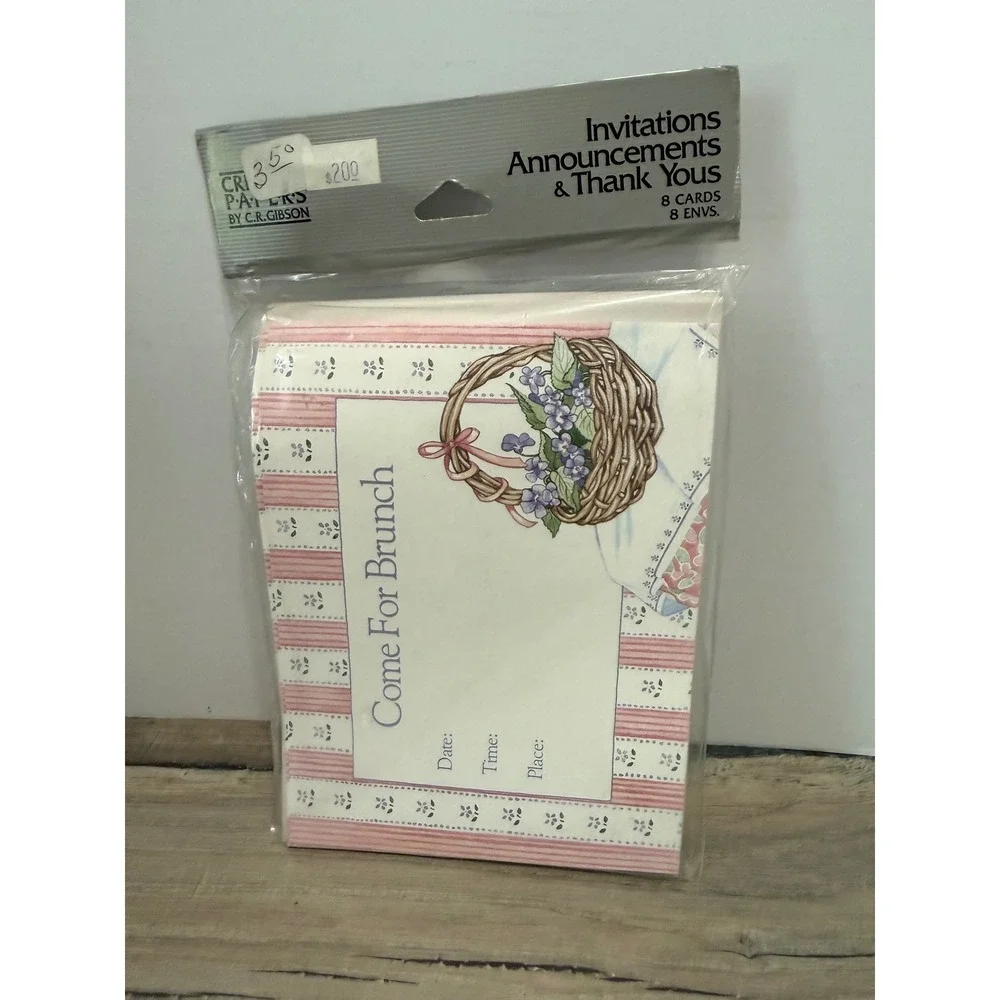 Vintage CR Gibson Come For Brunch Invitations Floral Basket Pink Stripe 8 Count